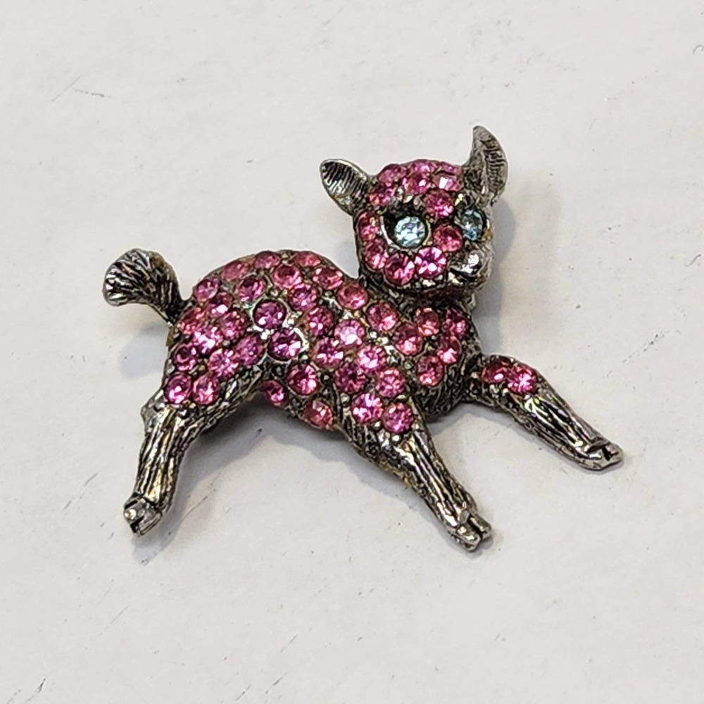 Pink Rhinestone Lamb Sheep Brooch Pink Blue Rhinestone Eyes Silver Tone Vintage
